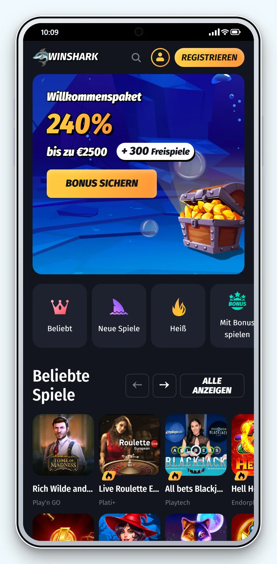 casinos mit banküberweisung: WinShark mobil, Lobby
