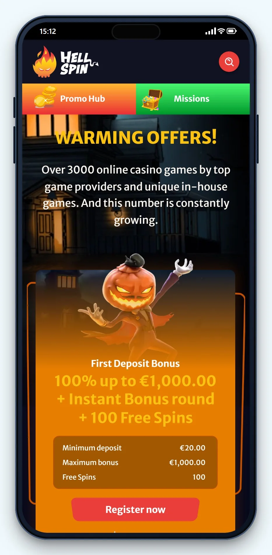 sepa online casino: promotiepagina van HellSpin mobiel