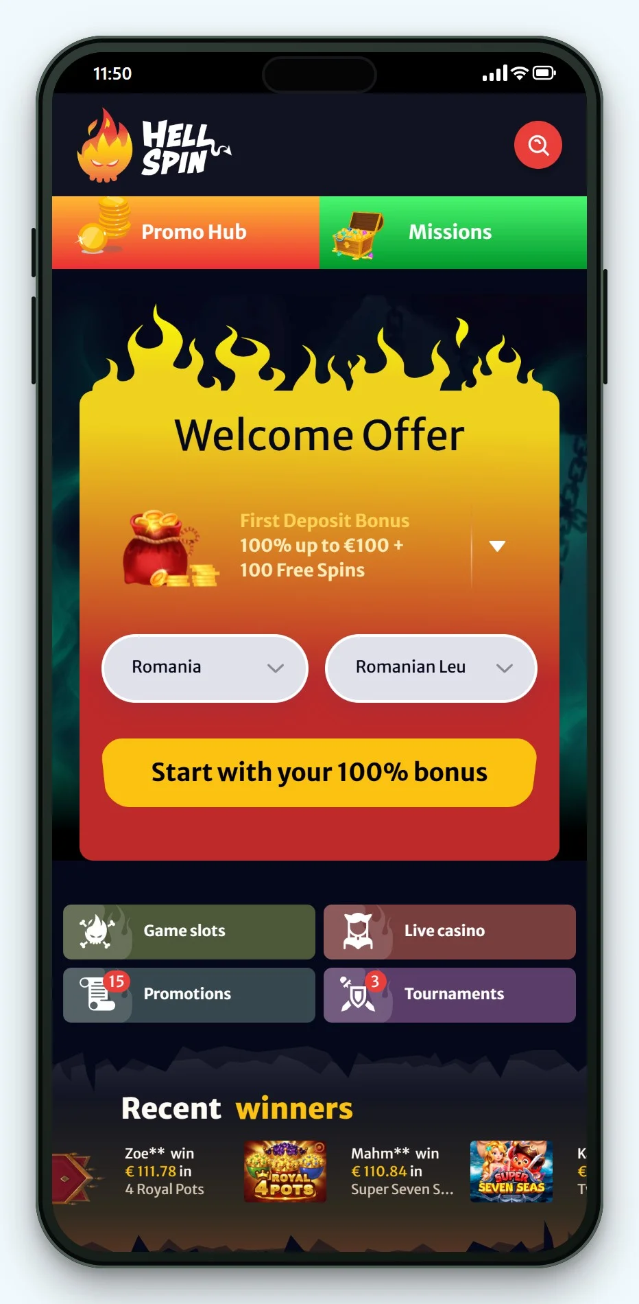 cazinouri transfer bancar: HellSpin pe mobil, lobby