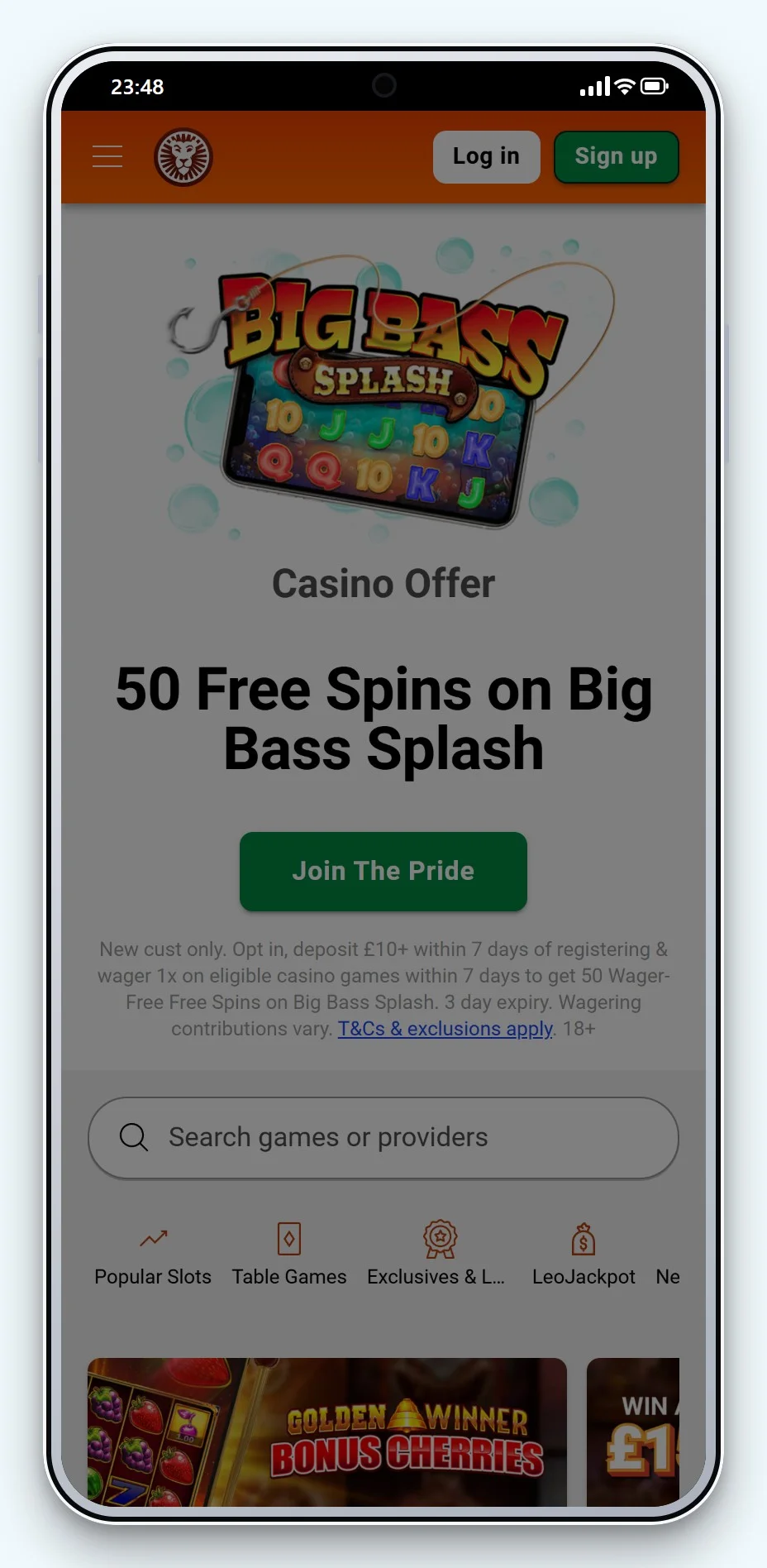 casino with bank transfer: LeoVegas mobile lobby
